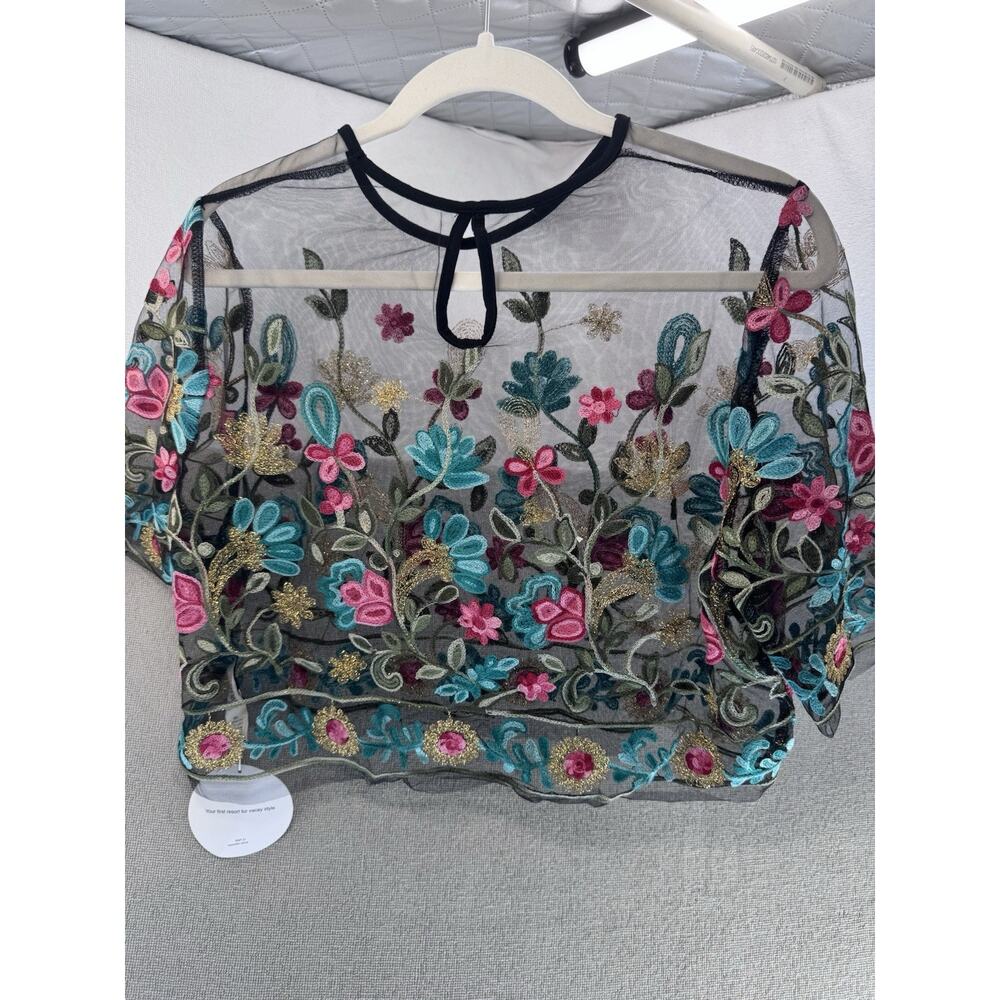 SHEIN VCAY Embroidered Floral Mesh Crop Top Women’s XL Black Sheer NWT - Picture 5 of 14